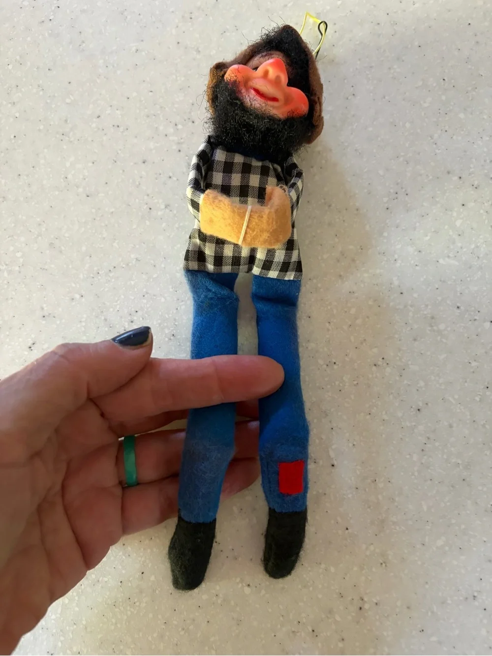 Vintage Christmas 50s 60s Hillbilly Gnome Tree Hugger Ornament. Black Hair. MCM